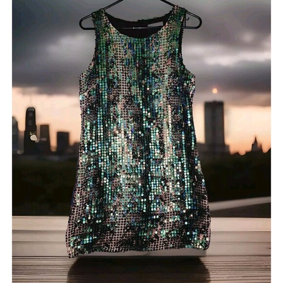 Just Me Sequin Mini Dress Womens Medium  Mermaid Reflective Party Club Wear - Picture 1 of 11